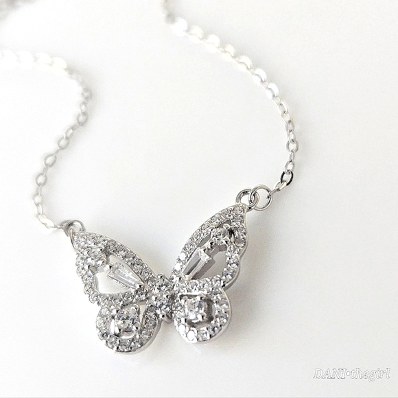 NEW Sterling Silver CZ Diamond Encrusted Y2K Butterfly Pendant Necklace - Picture 2 of 9